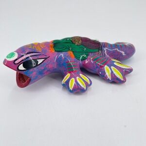 Mexican Folk Art Lizard Figurine Hand Painted Ceramic Pink Blue Gecko 6.5 inch